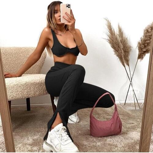 2021 Fitness Sleeveless Sexy Extra Crop Bra Top Slit Leggings 2 Piece Set Autumn Women Streetwear Outfits Workout Tracksuit 2Pcs