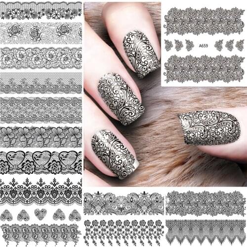 12 Sheets Beauty Black Flower Lace Nail Art Water Transfer Decals Nail Sticker Slider Tattoo Nail Accessories Supplies Tool New