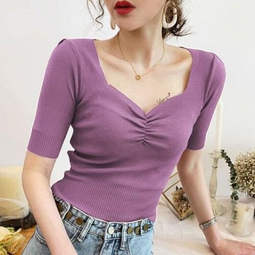 2021 Summer New Women Knitted T Shirt Fashion Square Collar Puff Short Sleeve Slim Short Tees Casual Solid Chic Ladies Tops X129