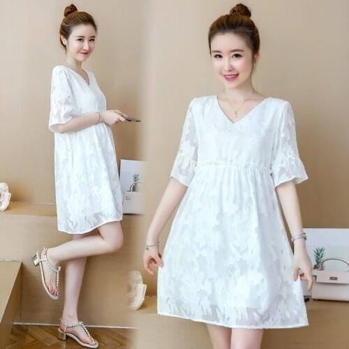 8517# Maternity Clothes Summer Chiffon Slimming V Neck Easy Matching Loose Stylish Dress for Pregnant Women Mom Dress