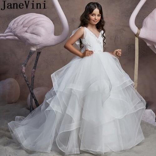 JaneVini 2020 Ball Gown Flower Girl White Dresses for Weddings Puffy Tulle Communion Dress Kids Children Beaded Lace Party Gowns