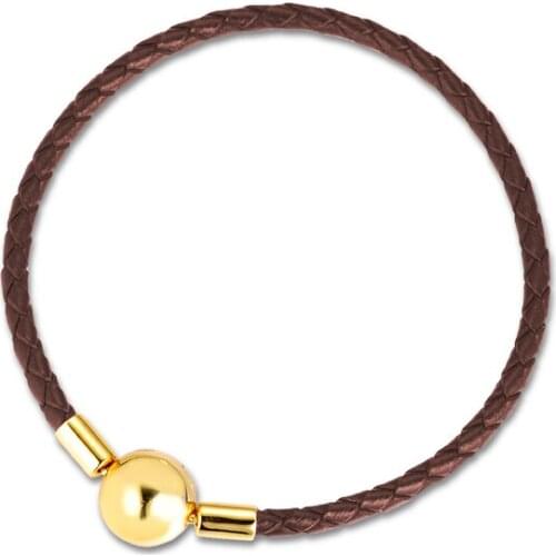 Shine Brown Leather Bracelets 100% Authentic 925 Sterling Silver Jewelry Free Shipping