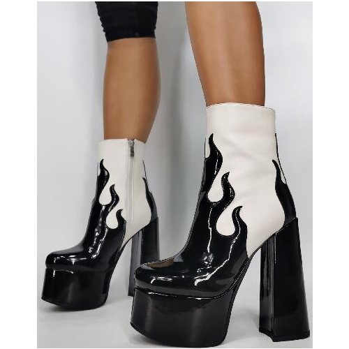 Hot Black Pink Leather Platform Ankle Boots Fashion Mixed Color Chunky Heel Flame Short Boots Sexy Female Booties Party Shoes