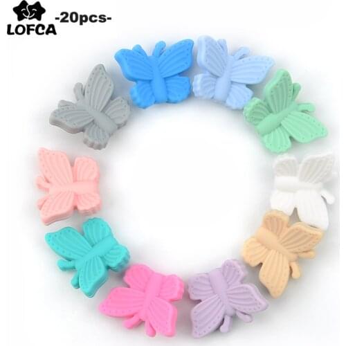 LOFCA 20pcs Butterfly Beads Silicone Teethers BPA Free DIY Loose Bead For Teething Necklace Animal Shaped Cute Teething Toys