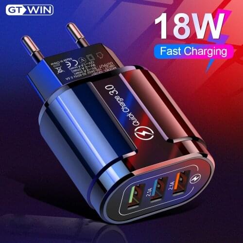GTWIN 3 Port Quick Charge QC3.0 USB Charger For iPhone Xiaomi Redmi note 10 Wall Mobile Phone Charger Adapter For Samsung Huawei