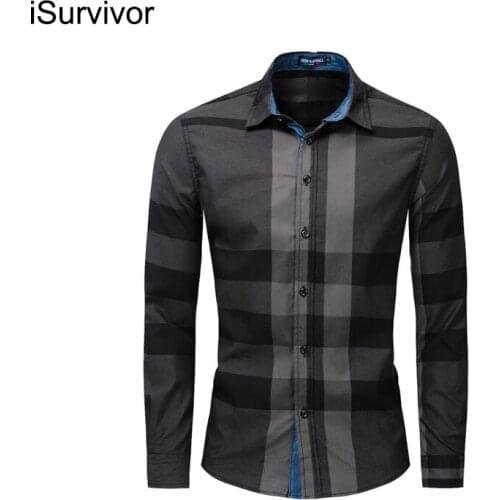 ISurvivor 2021 Mens New Cotton Color Block Plaid Shirt Fashion Mens Lapel Loose Long Sleeve Casual Shirt