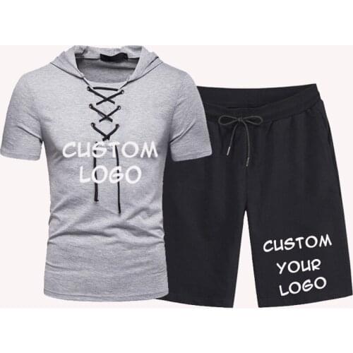 Custom Logo Mens Summer Shirt Short Sleeve Hoodie Lace Up V Neck Shirt 2 Pices Sets Sport Shorts Casual Tractsuit