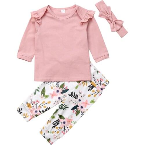 Toddler Baby Girl Clothing Sets Ruffles Tops T shirt Floral Pants Headband 3pcs Baby Girl Outfit Clothes Set Autumn