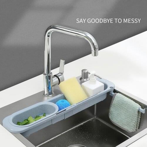 BalleenShiny Creative Telescopic Sink Shelf Filter Leftovers Drain Basket Dishwashing Cloth Home Kitchen Plastic Storage Rack