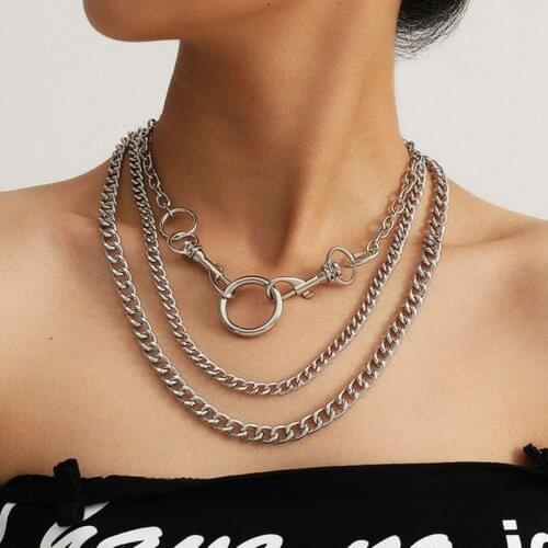 Punk Multilayer Thick Chain Necklace Fashion Key Chain Round Circle Pendant Necklace Women Geometric Clavicle Necklace Jewelry