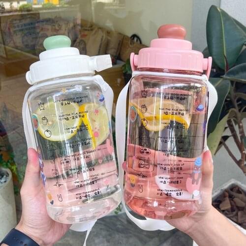 New Couples Student Creative Water Cup Large-Capacity Strap Plastic Straw Cup Anti-fall Outdoor Sports With Scale Water Bottle