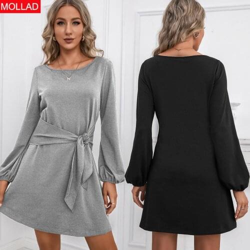 2021 Autumn and Winter New European and American Womens Clothing Bundle round Neck Long Sleeve Casual Dress for Women