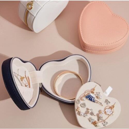 Jewelry Organizer Display Travel Jewelry Case Boxes Portable Heart-shape Jewelry Box Zipper Leather Storage Organizer Earring