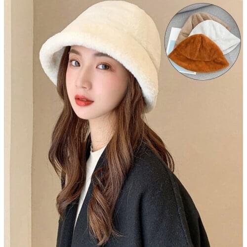 Fashion Faux Fur Bucket Hat Autumn Winter Warmer Solid Thickened Soft Fishing Cap Outdoor Vacation Panama Cap For Women Girl