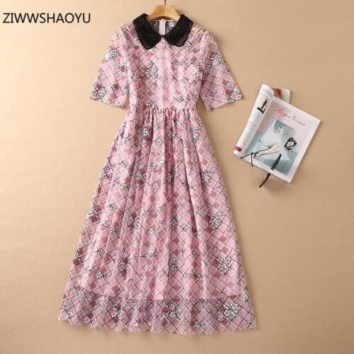 ZIWWSHAOYU Summer Fashion Woman Midi Dress Lapel Short Sleeve Floral Net Yarn Embroidery Slim Elegant A-Line Dresses Vestdios
