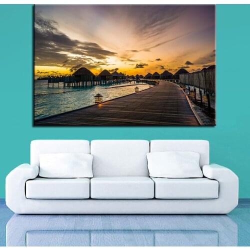 Modern Scenery Landscape Posters Wooden Bridge House Holiday Sea Canvas Print Paintings Wall Art No Framed Canvas Pictures Home