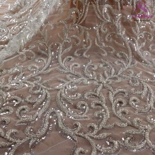 2021 Silver wedding lace fabric,Ivory Heavy beaded gown lace, hight patterns,110cm width Ivory sequins lace fabric 1 yard
