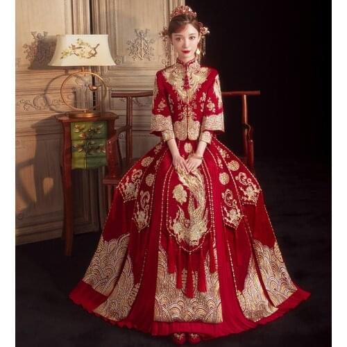 Chinese Traditional Women Wedding Dress Embroidery Rhinestone Long Cheongsam Stylish Elegant Bride Bridegroom китайская одежда