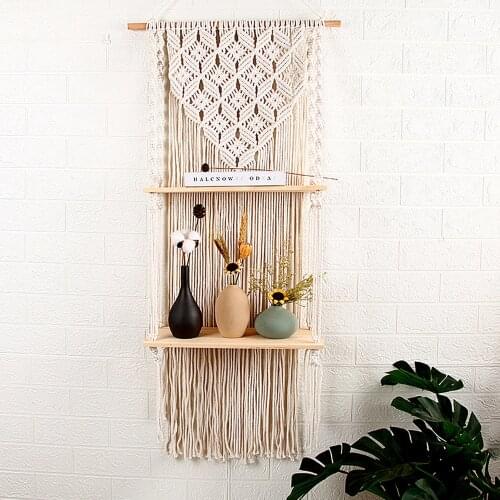 Bohemian 2-layer Wooden Shelf Tapestry Measures Woven Wood Shelf Tapestry Cotton Rope Floating Shelf Wall Decoration For Home