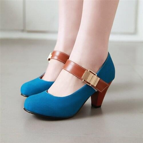 YMECHIC Summer 2019 Hook Loop Metal Decor Ladies Office Party Daily Mary Jane Shoes Spike High Heels Pumps Blue Black Plus Size