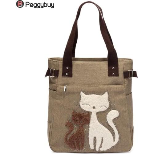 Women handbag canvas totes bag with cute felt cat fashion ladies Casual Top Handle Bag