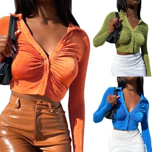 Womens Autumn Polyester Button Down Crop Tops Long Sleeve turn-down collar Solid Color Ruched Lapel Shirts