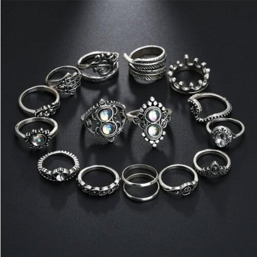 Charm Rhinestone Crystal Wave Ring With 16Pcs/Set For Women Silver Color Flower Bohemian Punk Female Ring Set Jewelry Anillos