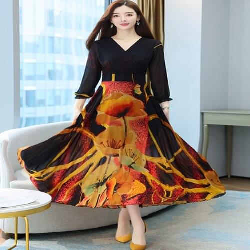 2021 Autumn New Arrival Long Sleeve V Collar Flower Printed Collect Waist Chiffon Women Long Dress High Quality Women Clothes