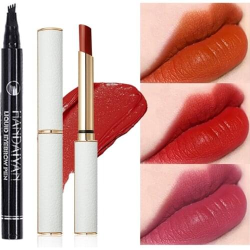 1PCS Lipstick Long Lasting Nonstick Cup Not Fade Lip Gloss Makeup + 1PCS 4 Fork Tip Eyebrow Pencil Waterproof Eyebrow Tattoo Pen