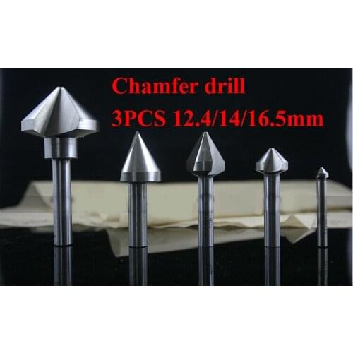 Free Shipping 3PCS 3flute 90 degree 12.4/14/16.5mm HSS Chamfer drill Cutter Mill Drill Set Milling Cutting Tool Set, Scraper