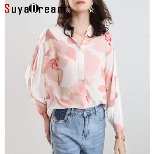 SuyaDream Women Floral Printed Blouses 100%Silk Crepe Bat Sleeved Loose Blouse SHIRT 2020 Spring Summer Elegant Top