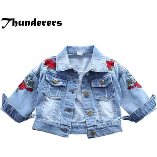 Thunderers Spring Autumn Kids Jacket For Girls Long Sleeve Embroidery Floral Childrens Denim Coats Baby Hole Clothes 24M-7T