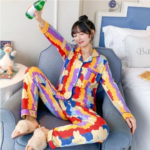 Spring Autumn Ladies Printed Lapel Cardigan Milk Silk Pajamas Long Sleeves Plus Size Easy To Clean Home Service Sleepwear