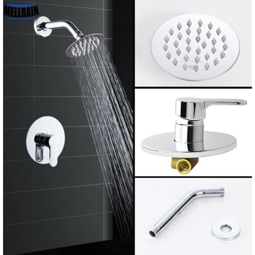 Bathroom single way 6 inch bath shower set stainless steel pressurize rain shower head brass in wall shower faucet valve