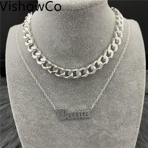 VishowCo Custom Name Necklace Men Women Personalized Stainless Steel Gold Choker Old English Necklaces Cuban Chain Jewelry Gift