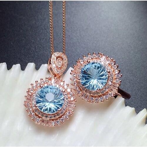 2 Carats Luxury Flower Blue Crystal Topaz Diamond Gemstones Pendant Necklaces Rings Rose Gold Color Jewelry Sets for Women Gifts