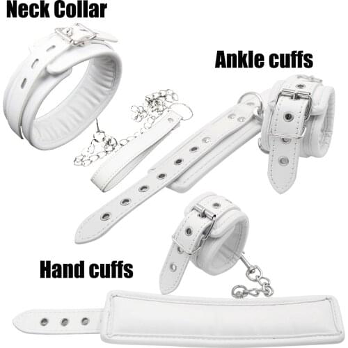 Sexy Adjustable Leather Padded White Handcuffs Ankle Cuff Bdsm Bondage Restraints Neck Collar Adult Sex Toys Exotic Accessories