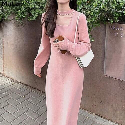Knitted One Piece Dress Korean 2021 Spring Long Sleeve Elegant Midi Dress Women Female Square Collar Sweet Party Vintage Dress