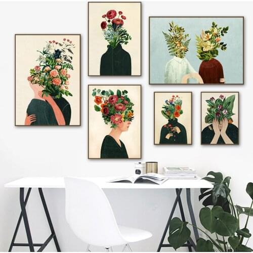 Vintage Abstract Girl Flower Leaf Monstera Canvas Painting Posters And Prints Wall Art Pictures For Living Room Decor