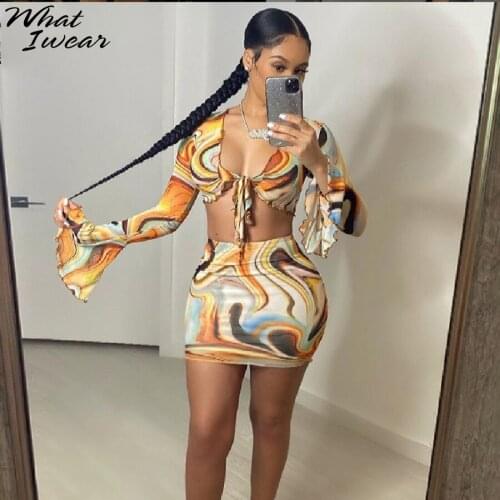 Whatiwear Sexy Mesh Aesthetic Print 2 Piece Set Deep V-Neck Party Beach Style+Mini Skirt Suits Bandage Skinny Stretchy Clubwear
