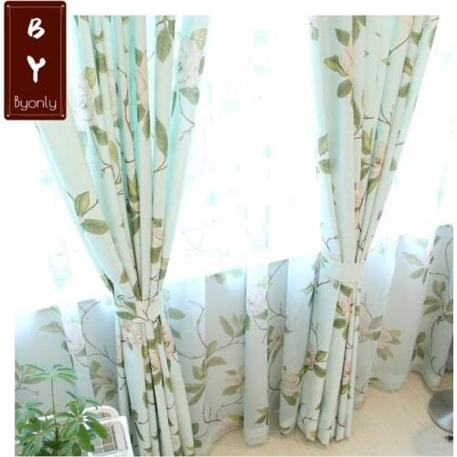 American-Style Village Korean Style Country-Style Green Base White Flowers Printed Curtains for Living Dining Room Bedroom