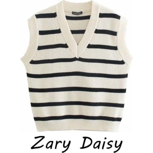 Zary Daisy college style V-neck relaxed casual knit vest womens spring wear new loose Long Sleeve Sweater Vest