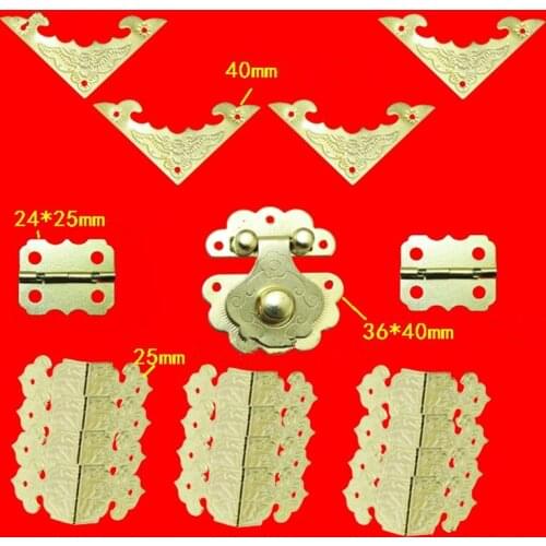 Yellow Chinese Metal Lock Set For Wooden Box,Vase Buckle Metal Wooden Box Hasp Latch Lock+Hinge+Bat Corner,1Set