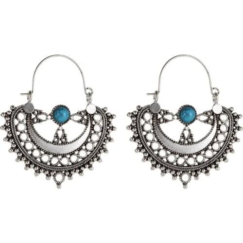 Center Blue Stone Little Beads Hollow Vintage Metallic Golden Silver Plated Boho Drop Earrings Women Dangle Earrings