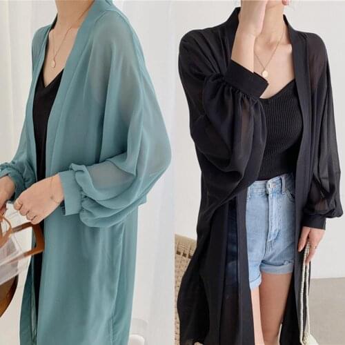 Women Solid Color Long Sleeve Cardigan Vacation Beach Sunscreen Clothes Shirt
