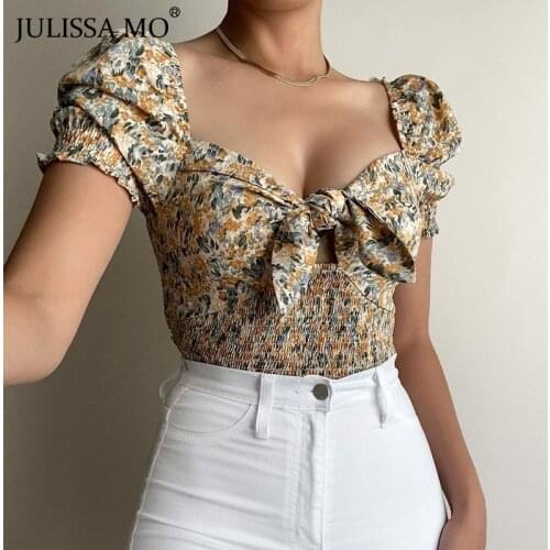 JULISSA MO Fashion Floral Printed Bubble Sleeve Bow Crop Tops 2021 Summer Women Casual Backless Basic T-shirt Female Party Tops