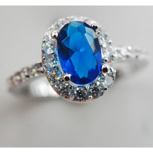 Blue Crystal Zircon White Crystal Zircon Women 925 Sterling Silver Ring F886 Size 6 7 8 9 10