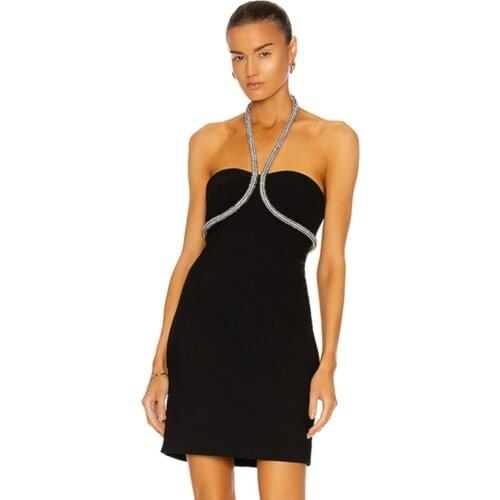 Women Summer Sexy Backless Halter Diamonds Crystal Black Mini Bodycon Bandage Dress 2021 Elegant Evening Party Dress Vestido