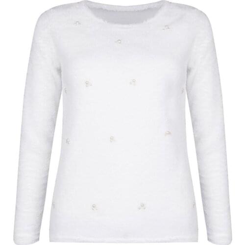 Winter Women Fashion Faux Pearl Beading Solid Color Plush Long Sleeve Pullover