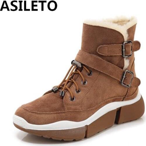 ASILETO Women Mid-Calf Snow Winter warm Boots Wool Blend Cow Suede Bukle Platform Elastic band Fur Round Toe size 35-39 Winter